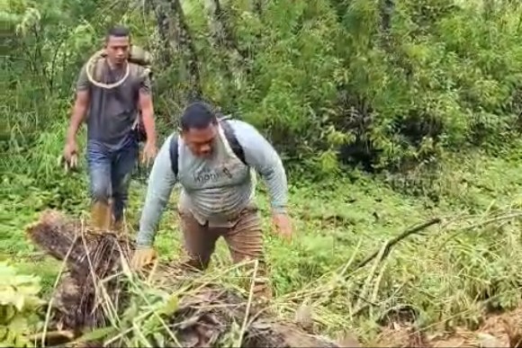 Kabid Anggaran Aceh Tenggara, terjebak dijalur Gayo Lues-Aceh Tengah sedang mencoba menembus rute longsoran berjalan kaki, Minggu (30/11/2025)
